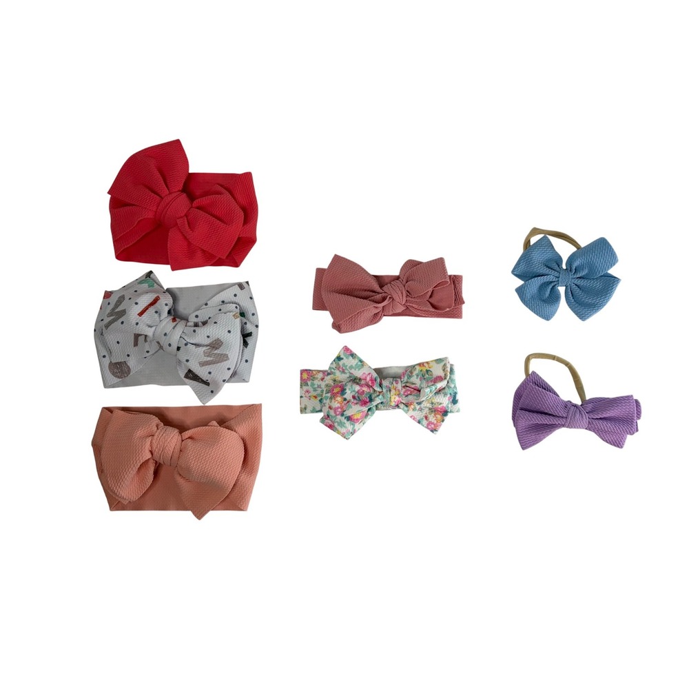 Lot of 7 Baby Girl Headbands Hair Bows Floral Alphabet Solid Textured‎ Stretch